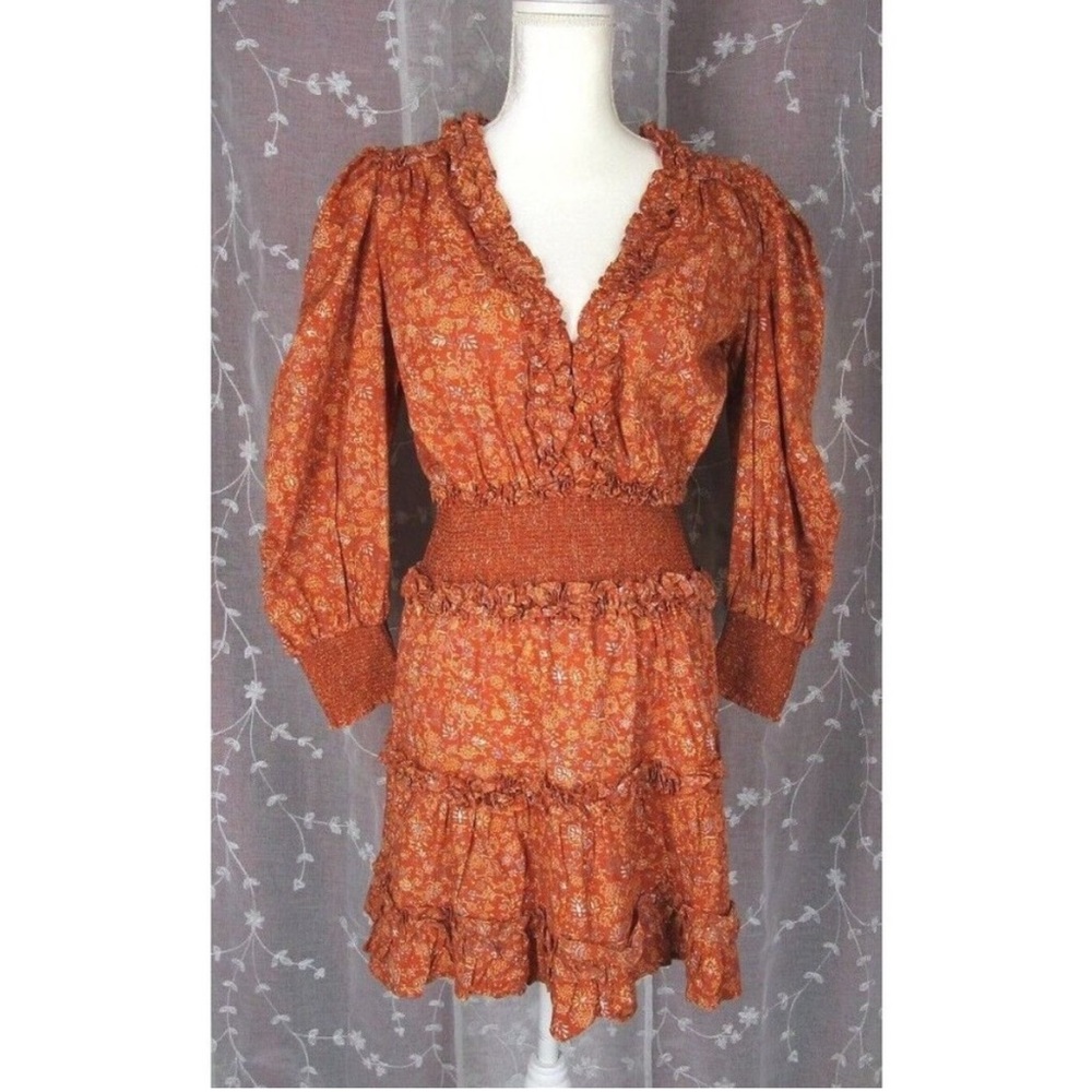 NWT House Of Harlow 1960 Wallis Rust Peasant Western Style Smocked Dress Size M